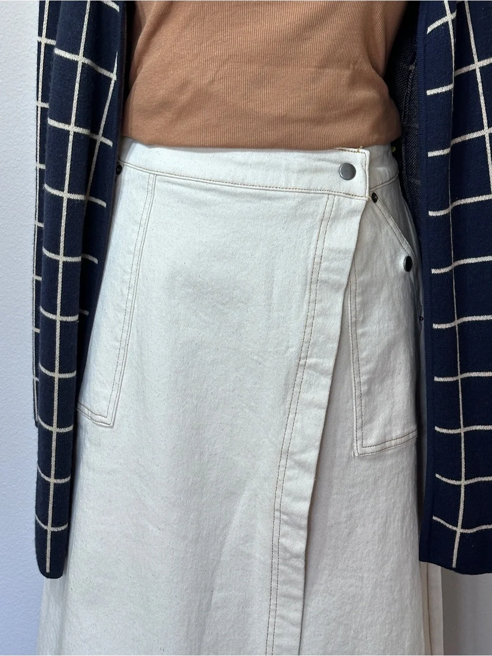 Charter Club Navy Windowpane Cardigan & Gibson Latimer Cream Denim Wrap Skirt